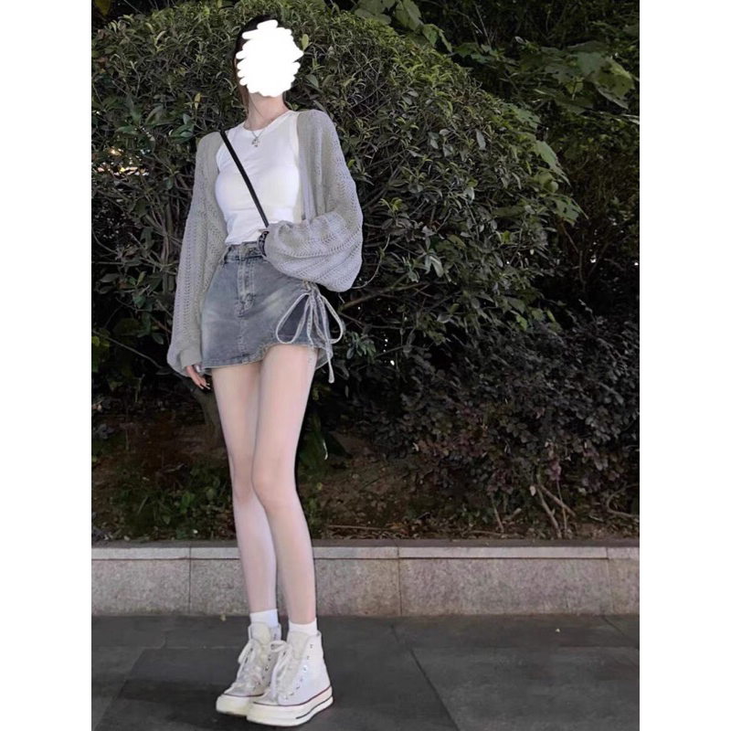 SET 3 MÓN: KHOÁC LEN TAY PHỒNG + ÁO TRẮNG 3 LỖ + CHÂN VÁY JEAN