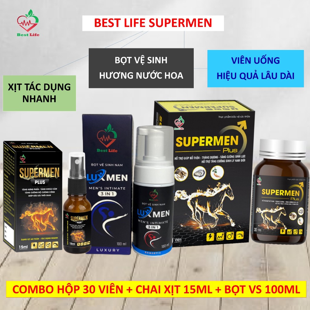 Bộ sản phẩm chăm sóc sức khoẻ nam giới Best Life Supermen plus tăng cường sinh lý dạng viên uống dạng xịt và bọt vệ sinh