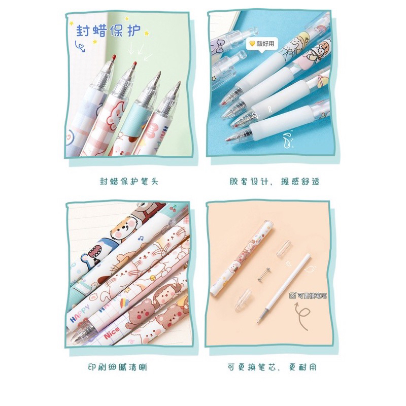 Set 6 Bút Bi Ngòi 0.5mm Hình Cute -Hình Gấu / Dâu Tây Hoạt Hình Dễ Thương