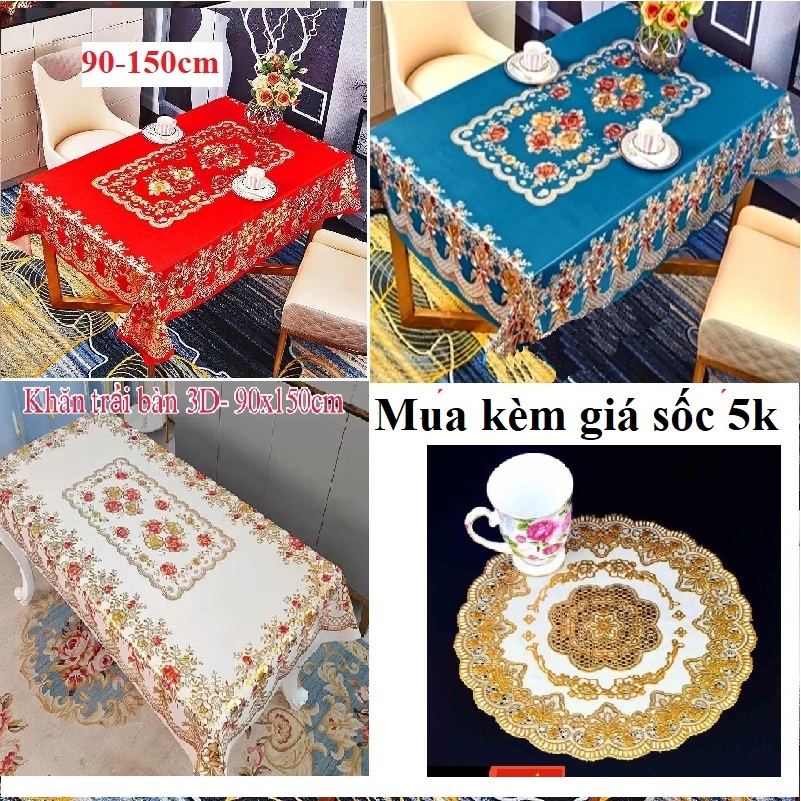 KHĂN BÀN 90-150cm- Vải 3D chống thấm màu đỏ- xanh- bông nơ vàng