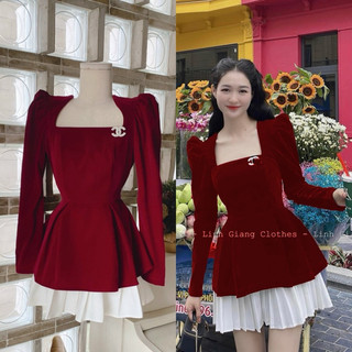 Set áo nhung đỏ cổ vuông tag đá + cv trắng xếp ly |kèm ảnh sàn thật💯