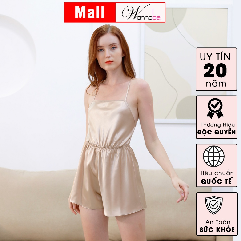 Đồ bộ mặc nhà WANNABE BSS32 đồ bộ quần sọt dáng jumpsuit cut-out chéo dây thắt nơ khoe lưng ong, vai trần quyến rũ