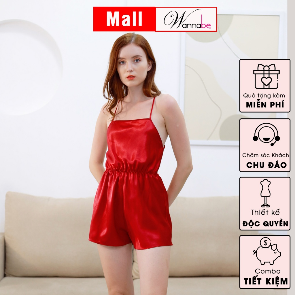 Đồ bộ mặc nhà WANNABE BSS32 đồ bộ quần sọt dáng jumpsuit cut-out chéo dây thắt nơ khoe lưng ong, vai trần quyến rũ