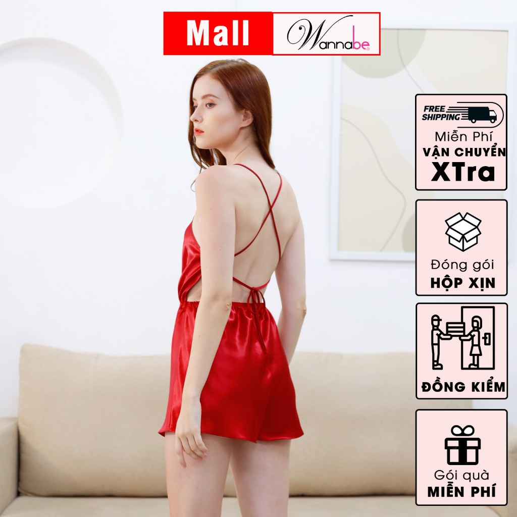 Đồ bộ mặc nhà WANNABE BSS32 đồ bộ quần sọt dáng jumpsuit cut-out chéo dây thắt nơ khoe lưng ong, vai trần quyến rũ