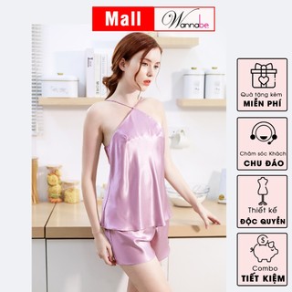 Đồ bộ mặc nhà WANNABE BSS64 bộ sọt cổ yếm 2 dây khoe vai trần mặc cùng quần short đơn giản