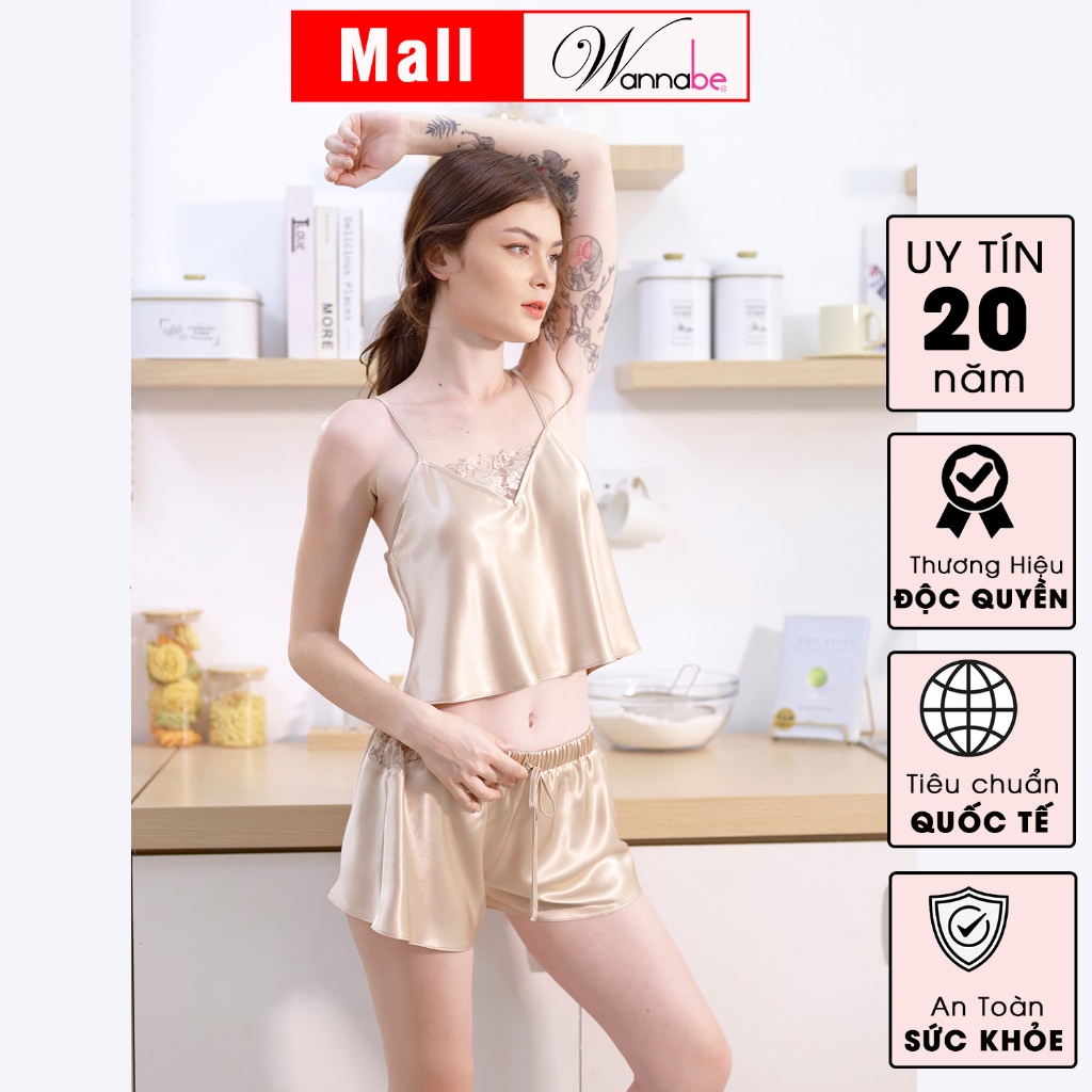 Đồ bộ mặc nhà lụa cao cấp WANNABE BSS62 đồ bộ quần sọt áo croptop 2 dây cổ áo phối ren thêu Nhật hình tam giác nhẹ nhàng