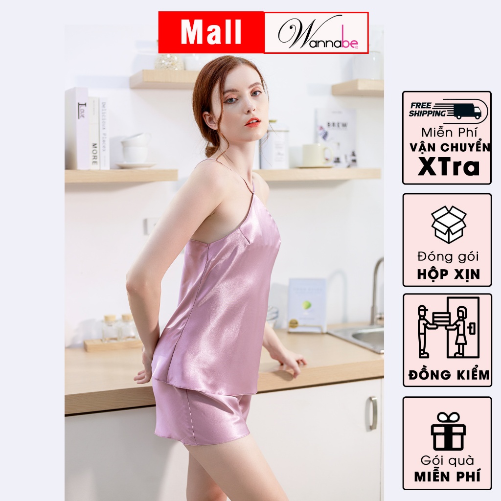 Đồ bộ mặc nhà lụa cao cấp WANNABE BSS64 bộ sọt cổ yếm 2 dây khoe vai trần mặc cùng quần short đơn giản