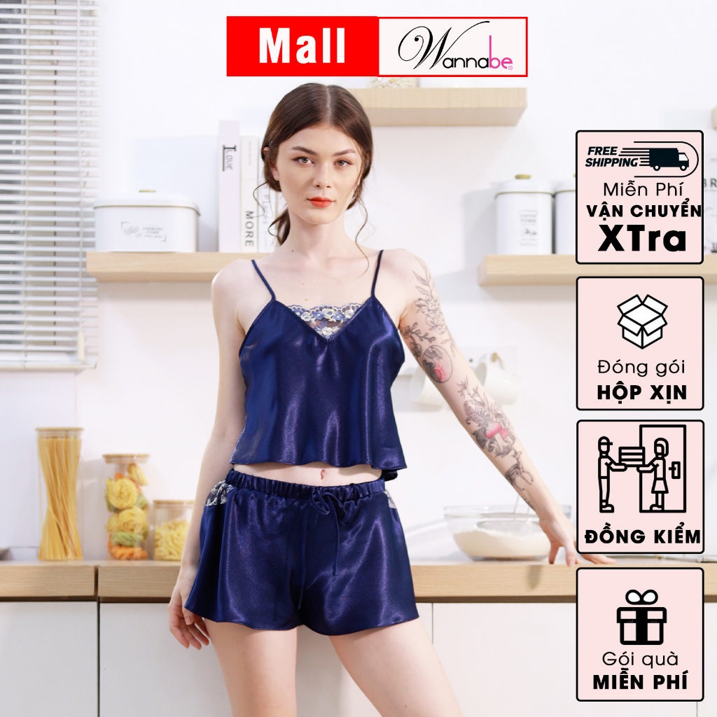 Đồ bộ mặc nhà lụa cao cấp WANNABE BSS62 đồ bộ quần sọt áo croptop 2 dây cổ áo phối ren thêu Nhật hình tam giác nhẹ nhàng