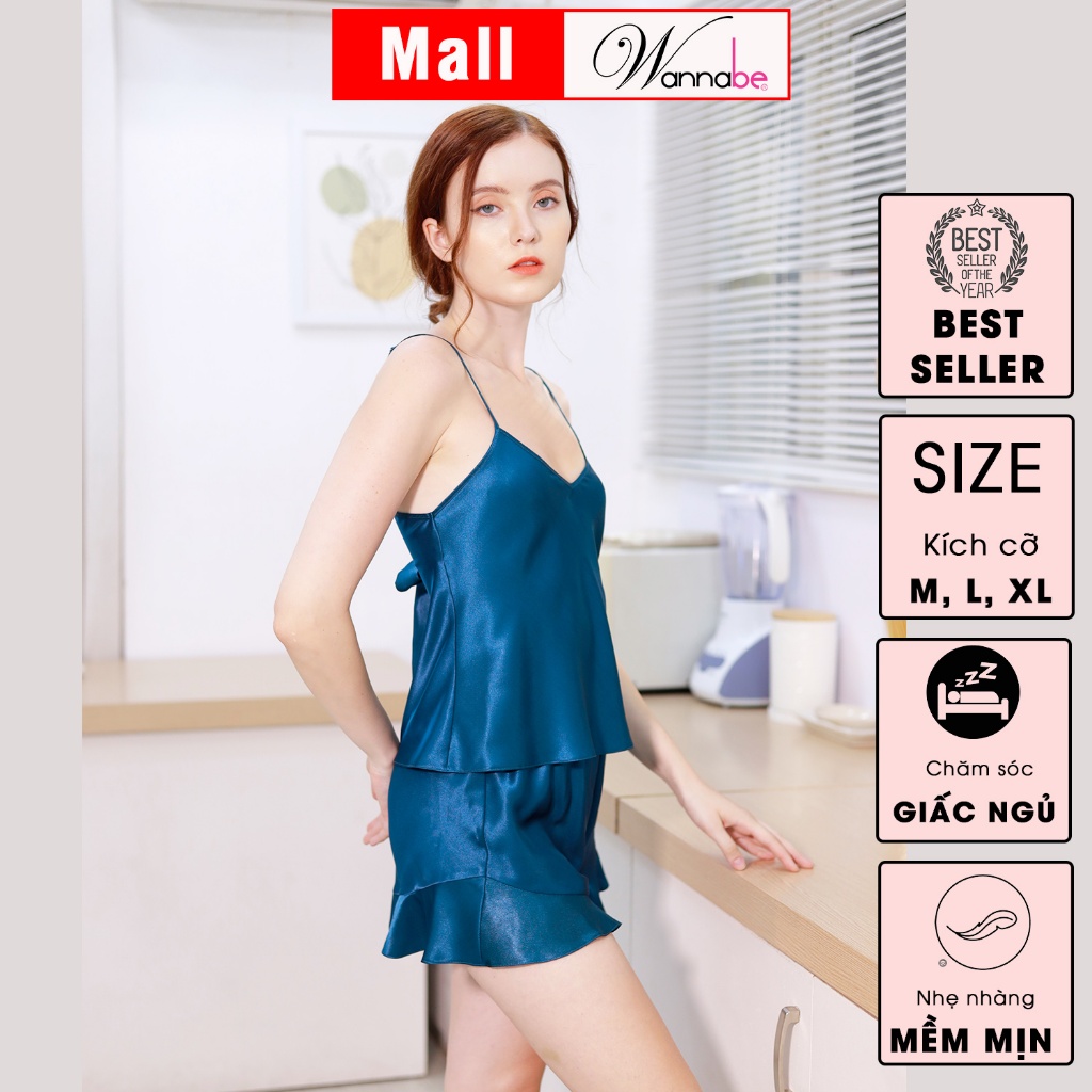 Đồ bộ mặc nhà phi lụa cao cấp WANNABE BSS63 đồ bộ quần short phối áo 2 dây cutout lưng cột nơ sexy giúp bạn gái xinh xắn