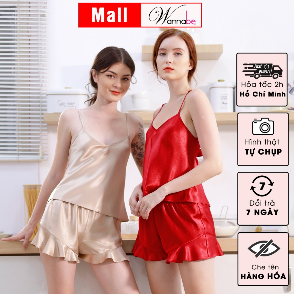 Đồ bộ mặc nhà phi lụa cao cấp WANNABE BSS63 đồ bộ quần short phối áo 2 dây cutout lưng cột nơ sexy giúp bạn gái xinh xắn