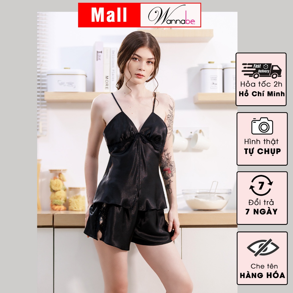 Đồ bộ mặc nhà WANNABE BSS41 đồ bộ quần sọt xẻ lai trẻ trung cúp ngực nhúng viền ren tạo độ phồng tự nhiên cho vòng 1