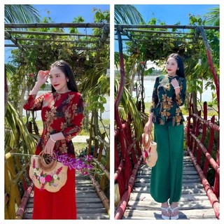 Sét bà ba nút bọc cổ tròn tay dài chất lụa mango