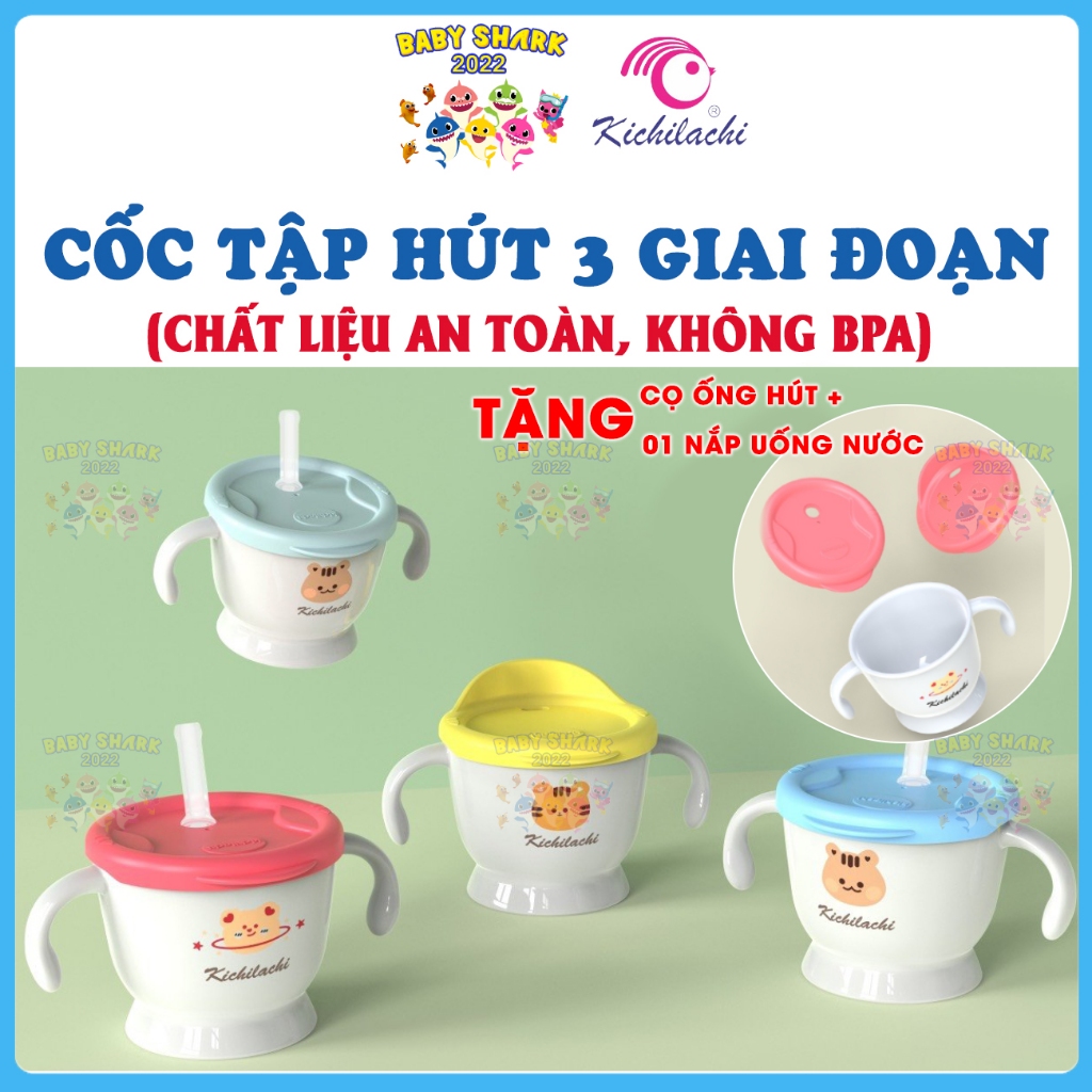 [Tặng cọ ống hút] Cốc tập uống nước cho bé 3 giai đoạn Kichilachi tiện lợi có vạch chia ml