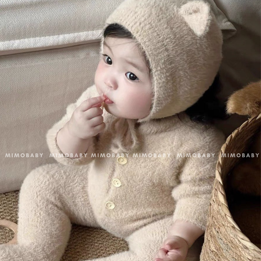 Bộ body kèm mũ tai gấu lông mềm mại dễ thương cho bé QA134 Mimo baby