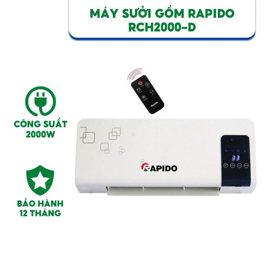 Máy sưởi gốm Rapido RCH2000-D có điều khiển - Hàng Chính Hãng
