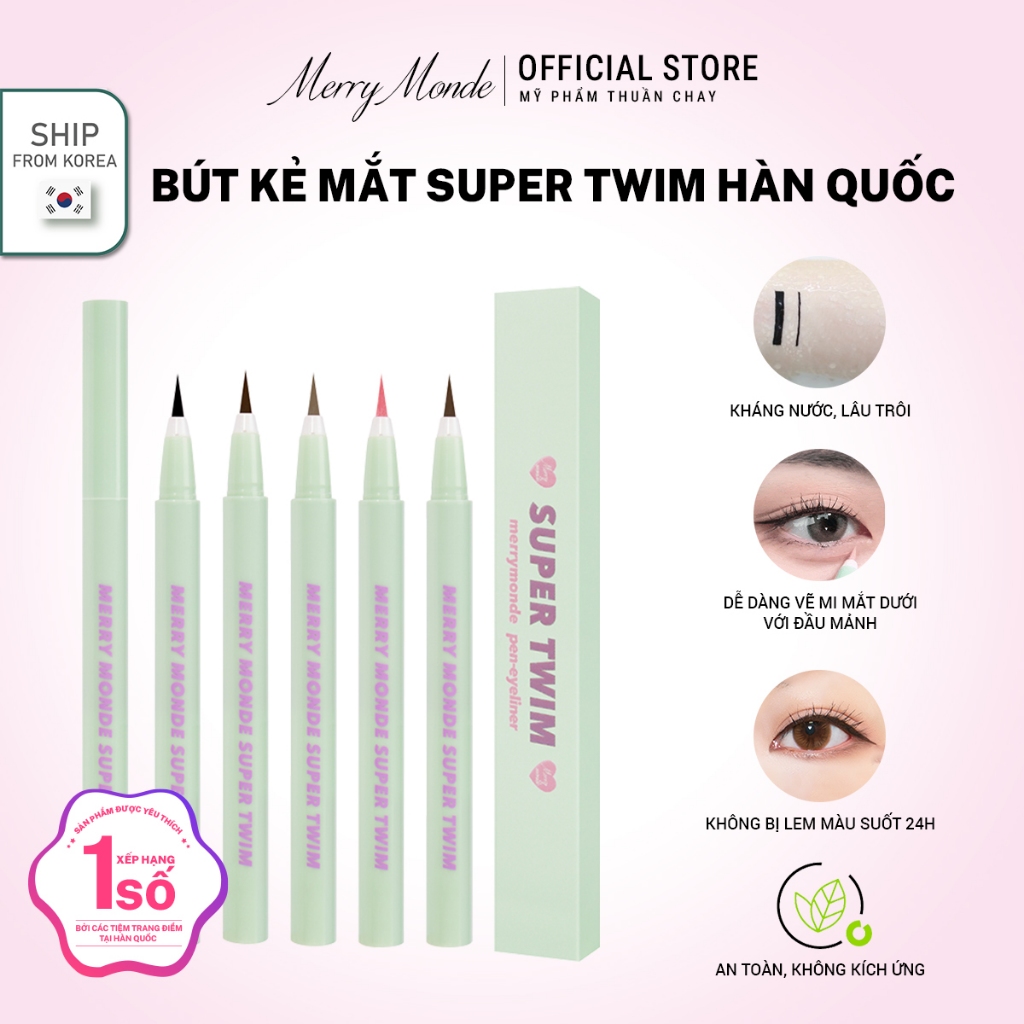 Bút kẻ mắt nước lâu trôi Hàn Quốc Super Twim Merry Monde thuần chay, nét mảnh, cây Eyeliner kẻ mi mắt dưới có nhiều màu.