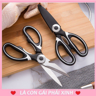 Kéo cắt gà và thực phẩm nhà bếp chất liệu inox không gỉ màu đen đa năng tiện dụng, kéo cắt nắp đậy 3 in1