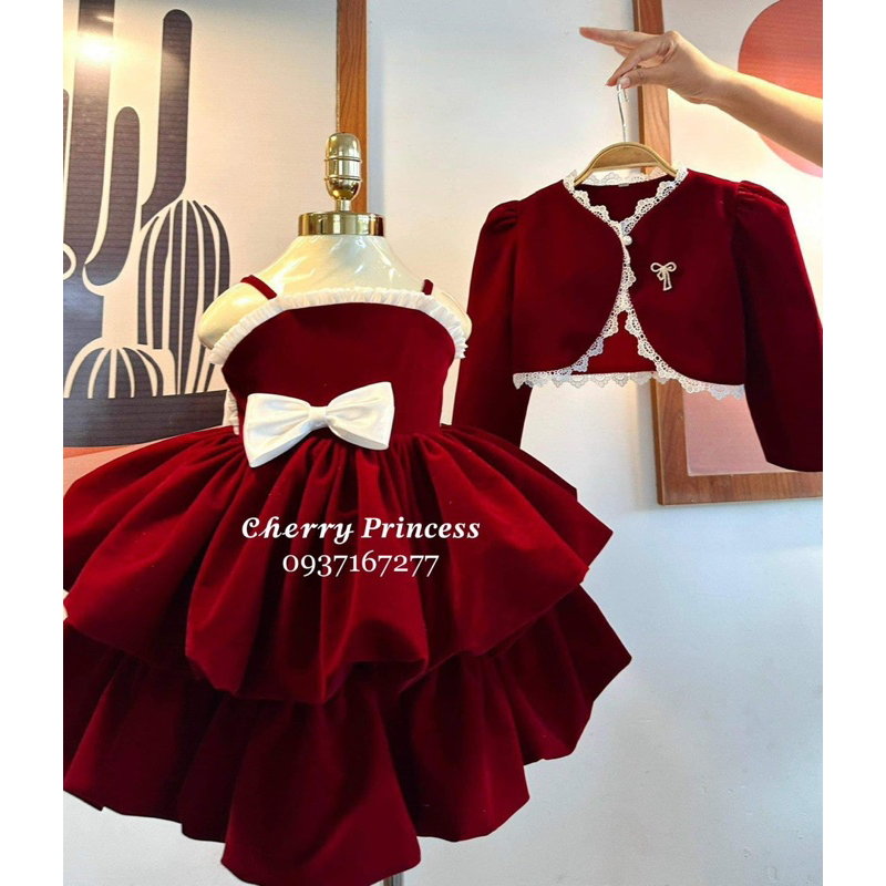 𝐒𝐋𝐀𝐕𝐈𝐀 𝐒𝐄𝐓 - 👗𝐒ét Đầm Váy công chúa Nhung đỏ bé gái  thiết kế cao cấp sang chảnh