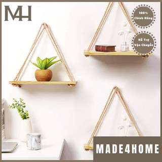 Kệ gỗ thông treo tường 40cm*12cm*1,8cm, dây thừng dày 7mm