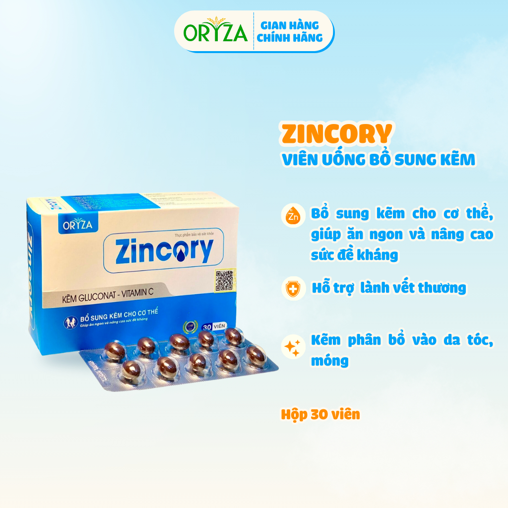 Viên uống bổ sung kẽm Zincory ORYZA PHARMA giúp tạo cảm giác ăn ngon và tăng cường đề kháng - Hộp 30 viên