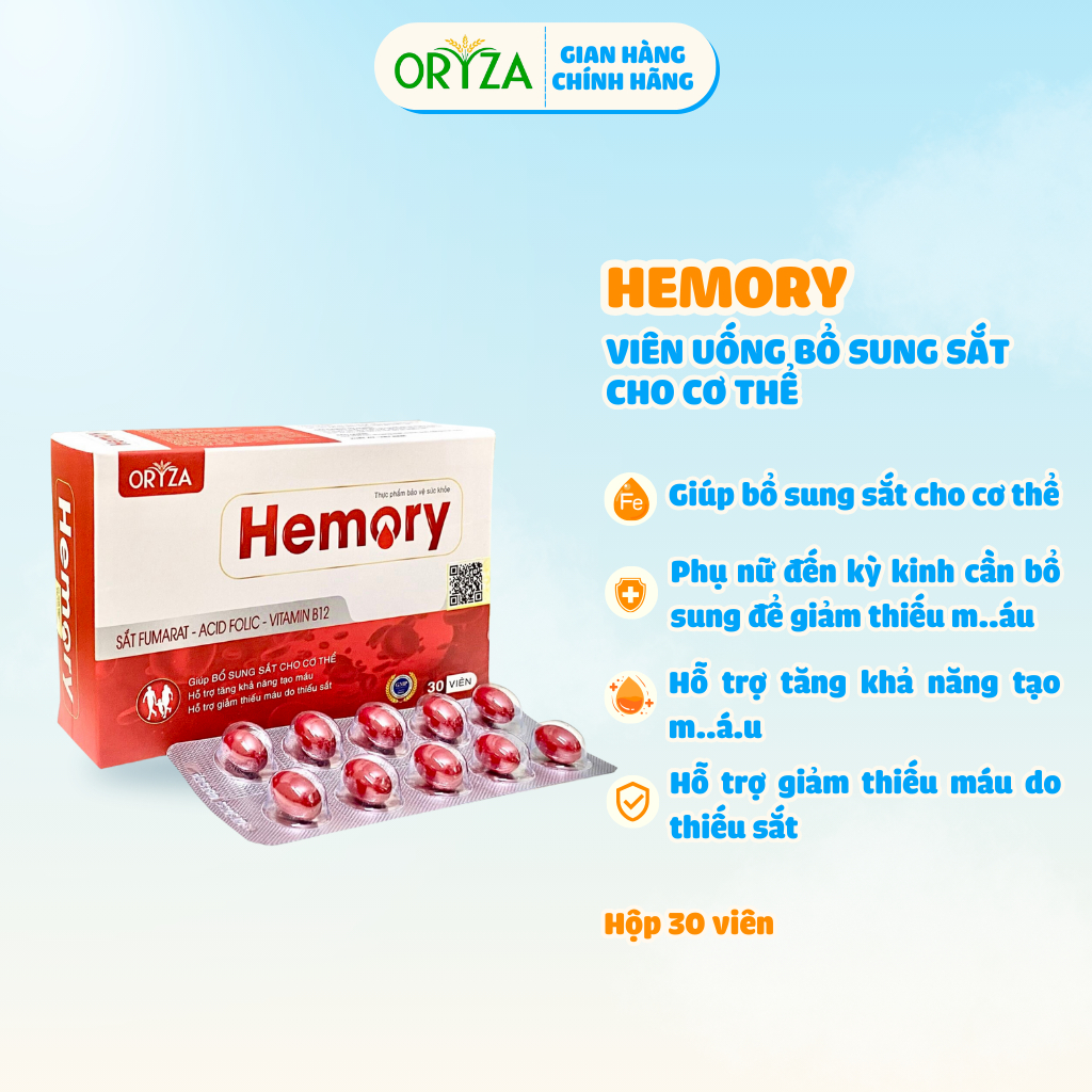 Viên uống bổ sung sắt cho cơ thể Hemory ORYZA PHARMA Bổ sung Sắt Fumarat, Acid Folic, Vitamin B12 - Hộp 30 viên