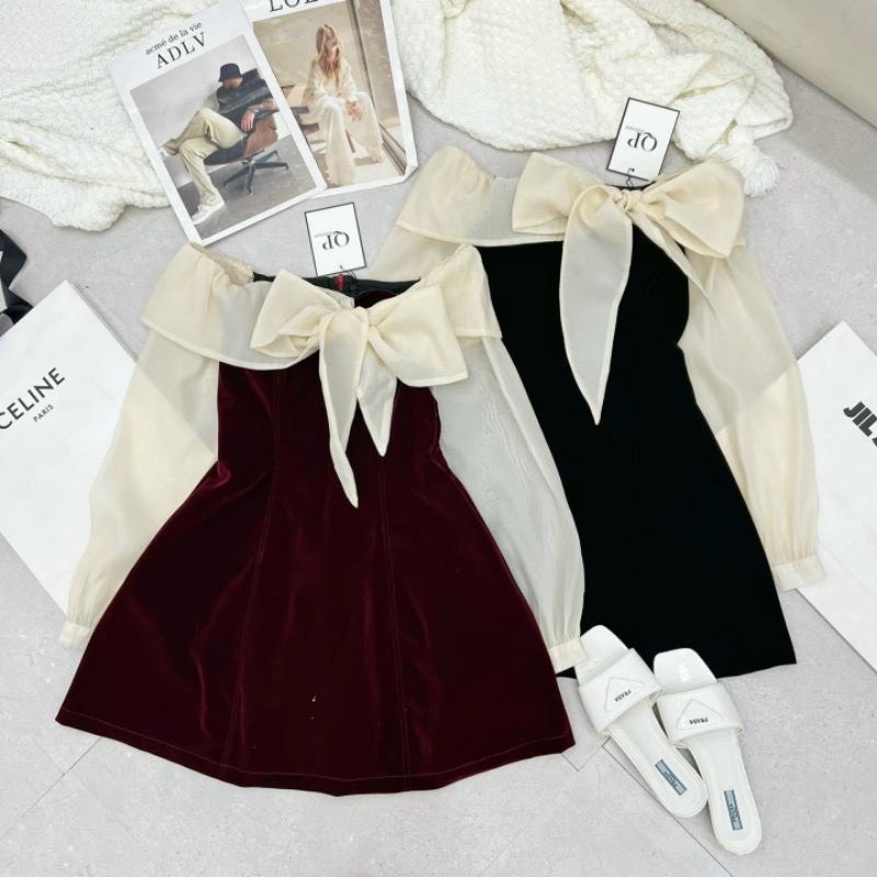 Váy nhung thiết kế đầm nhung nữ dài tay trễ vai phối voan nơ tiểu thư sang chảnh đầm dự tiệc V748 SUTANO