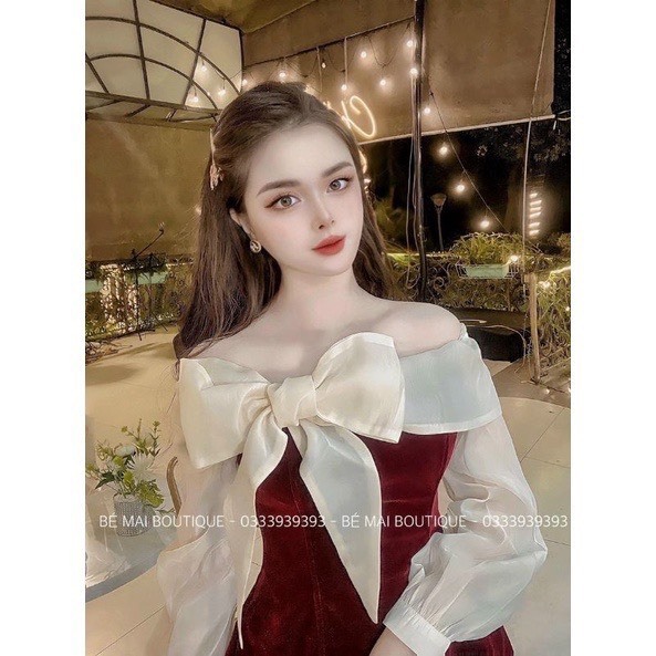 Váy nhung thiết kế đầm nhung nữ dài tay trễ vai phối voan nơ tiểu thư sang chảnh đầm dự tiệc V748 SUTANO