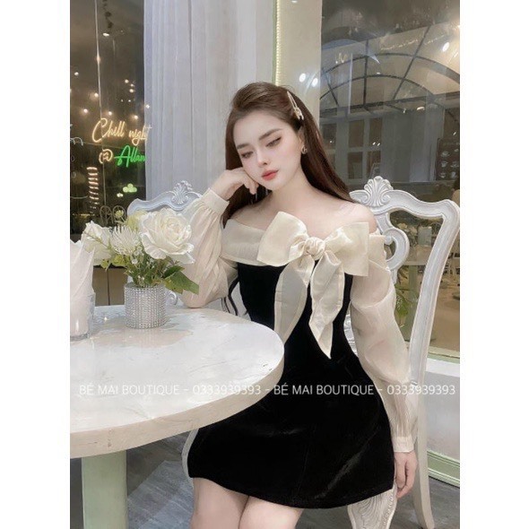 Váy nhung thiết kế đầm nhung nữ dài tay trễ vai phối voan nơ tiểu thư sang chảnh đầm dự tiệc V748 SUTANO