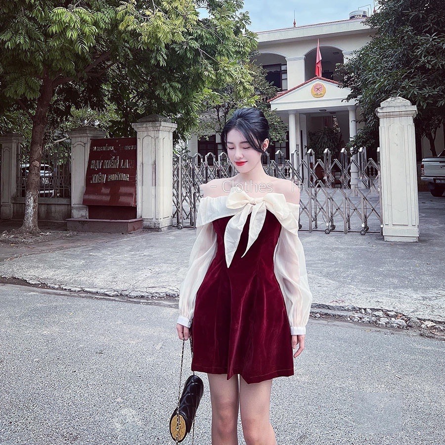 Váy nhung thiết kế đầm nhung nữ dài tay trễ vai phối voan nơ tiểu thư sang chảnh đầm dự tiệc V748 SUTANO