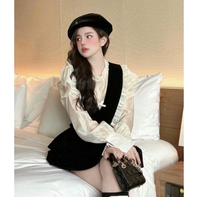 Váy dự tiệc, đầm đi dự tiệc tiểu thư dáng xòe ngắn cổ bèo phối tay sơ mi sang chảnh nữ tính thời trang thiết kế LEVAN
