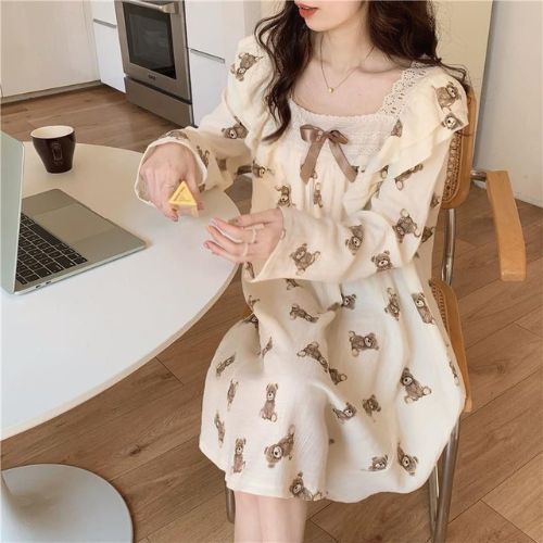 Váy ngủ, đầm ngủ dài tay in họa tiết cồ thắt nơ siêu dễ thương hàng Quảng Châu cao cấp JOLIVO