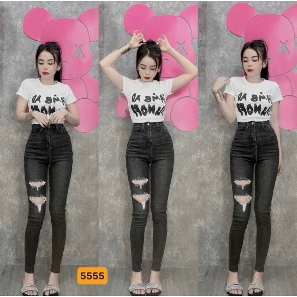 Quần jean nữ lưng cao màu đen phối rách cá tính, quần bò nữ co giãn mẫu mới thời trang cao cấp A-T Fashion - MQ634