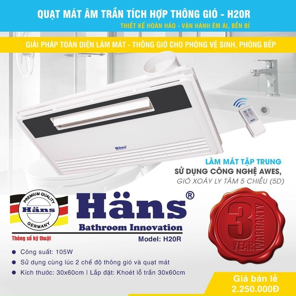 Quạt mát âm trần Hans tích hợp thông gió, có điều khiển từ xa - H20R [Hàng chính hãng]