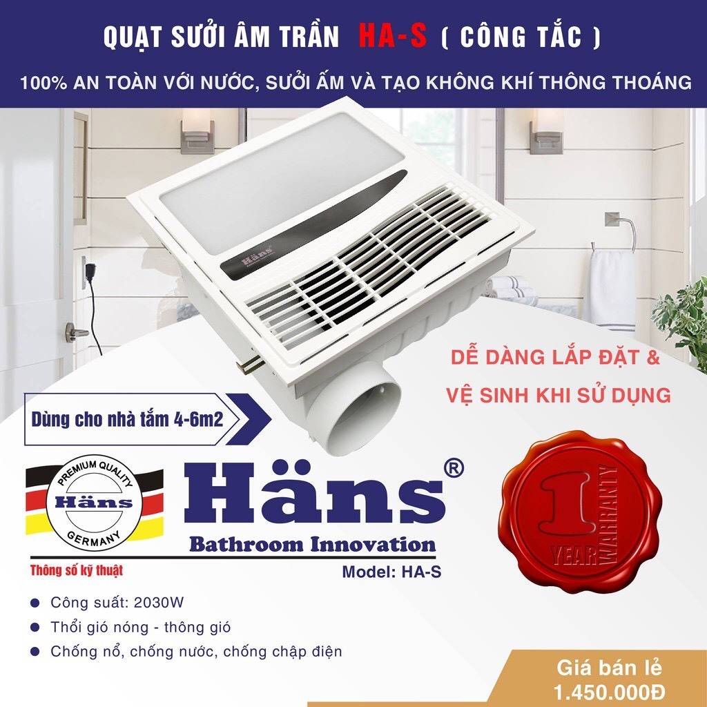 Quạt thông gió kèm sưởi thổi âm trần Hans HAS HAR