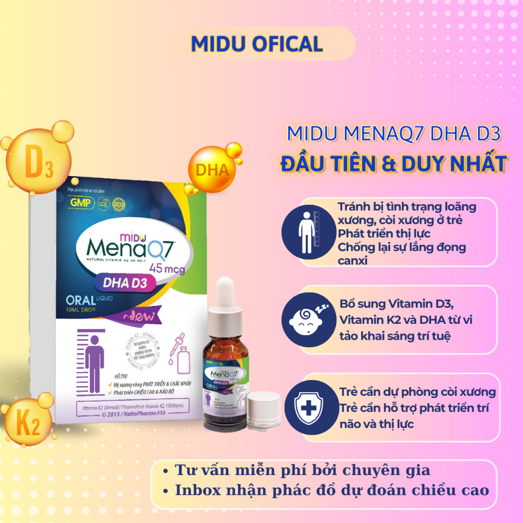 MIDU MENAQ7 DHA D3 từ 1-10 tuổi hỗ trợ phát triển chiều cao, thị lực và não bộ,hỗ trợ phòng còi xương ở trẻ