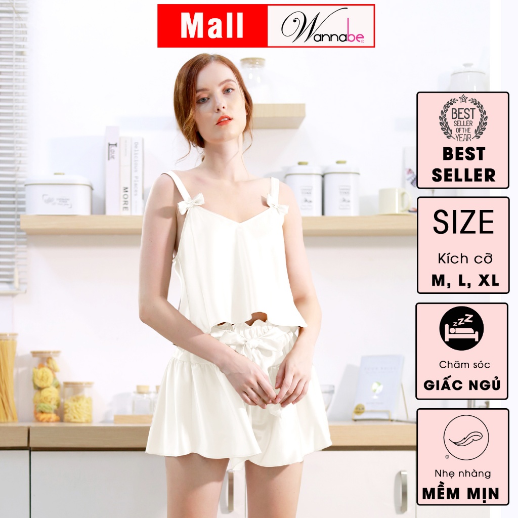 Đồ bộ mặc nhà WANNABE BSS37 đồ bộ quần sọt áo hai dây bản to trang trí nơ xinh xắn mang lại vẻ dễ thương cho bạn gái