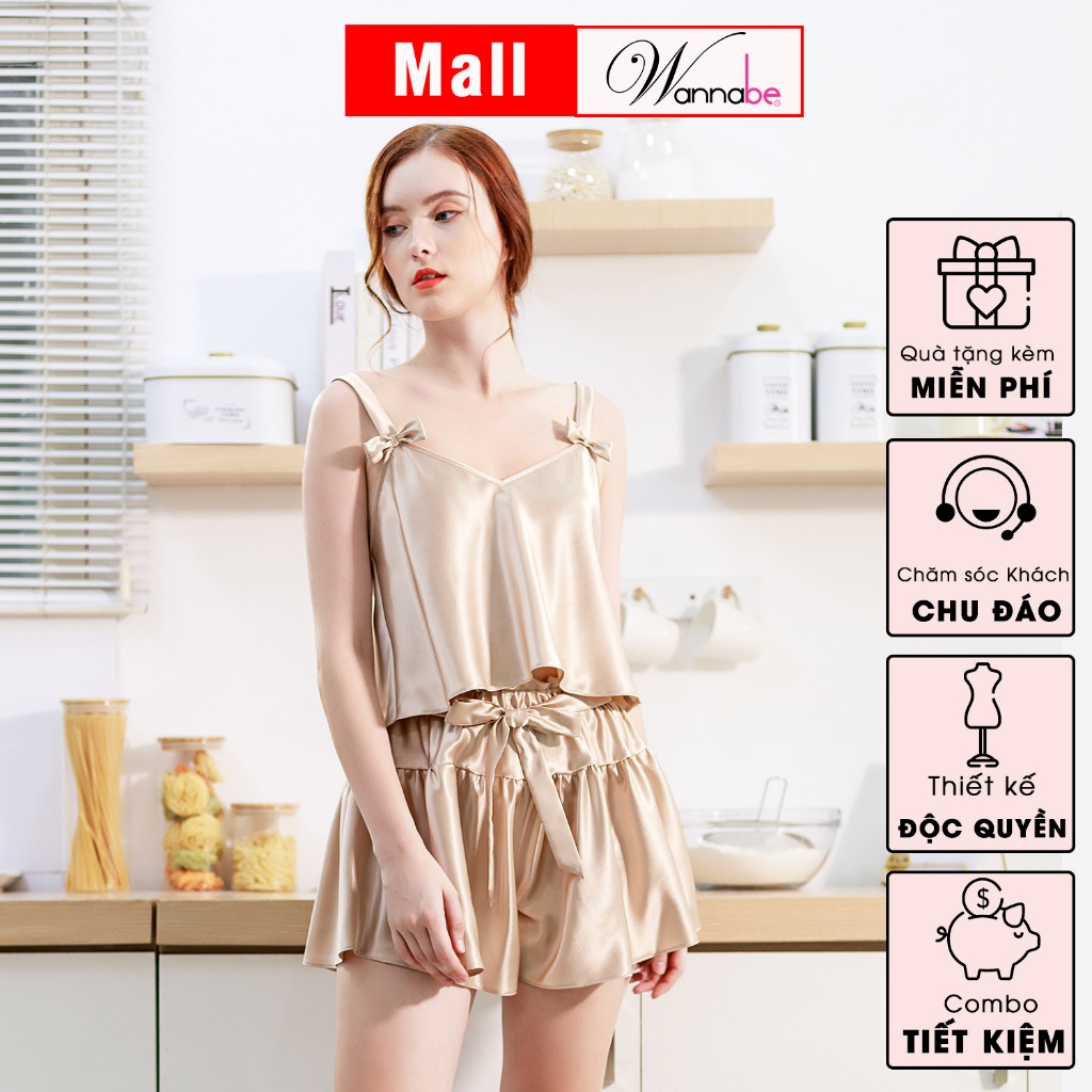 Đồ bộ mặc nhà WANNABE BSS37 đồ bộ quần sọt áo hai dây bản to trang trí nơ xinh xắn mang lại vẻ dễ thương cho bạn gái