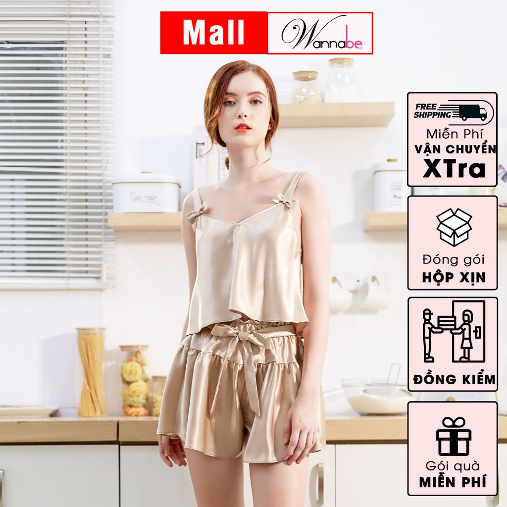 Đồ bộ mặc nhà WANNABE BSS37 đồ bộ quần sọt áo hai dây bản to trang trí nơ xinh xắn mang lại vẻ dễ thương cho bạn gái