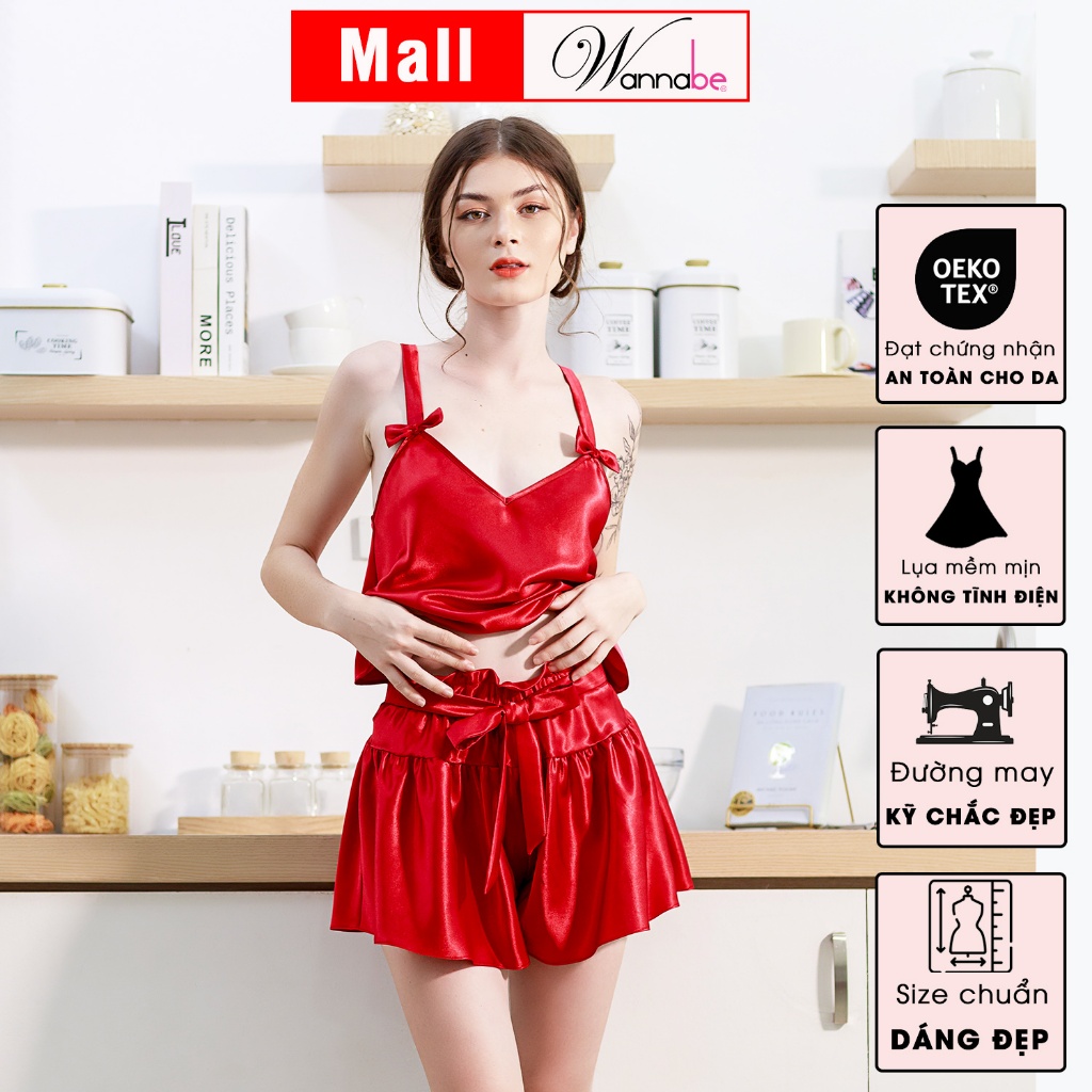 Đồ bộ mặc nhà WANNABE BSS37 đồ bộ quần sọt áo hai dây bản to trang trí nơ xinh xắn mang lại vẻ dễ thương cho bạn gái