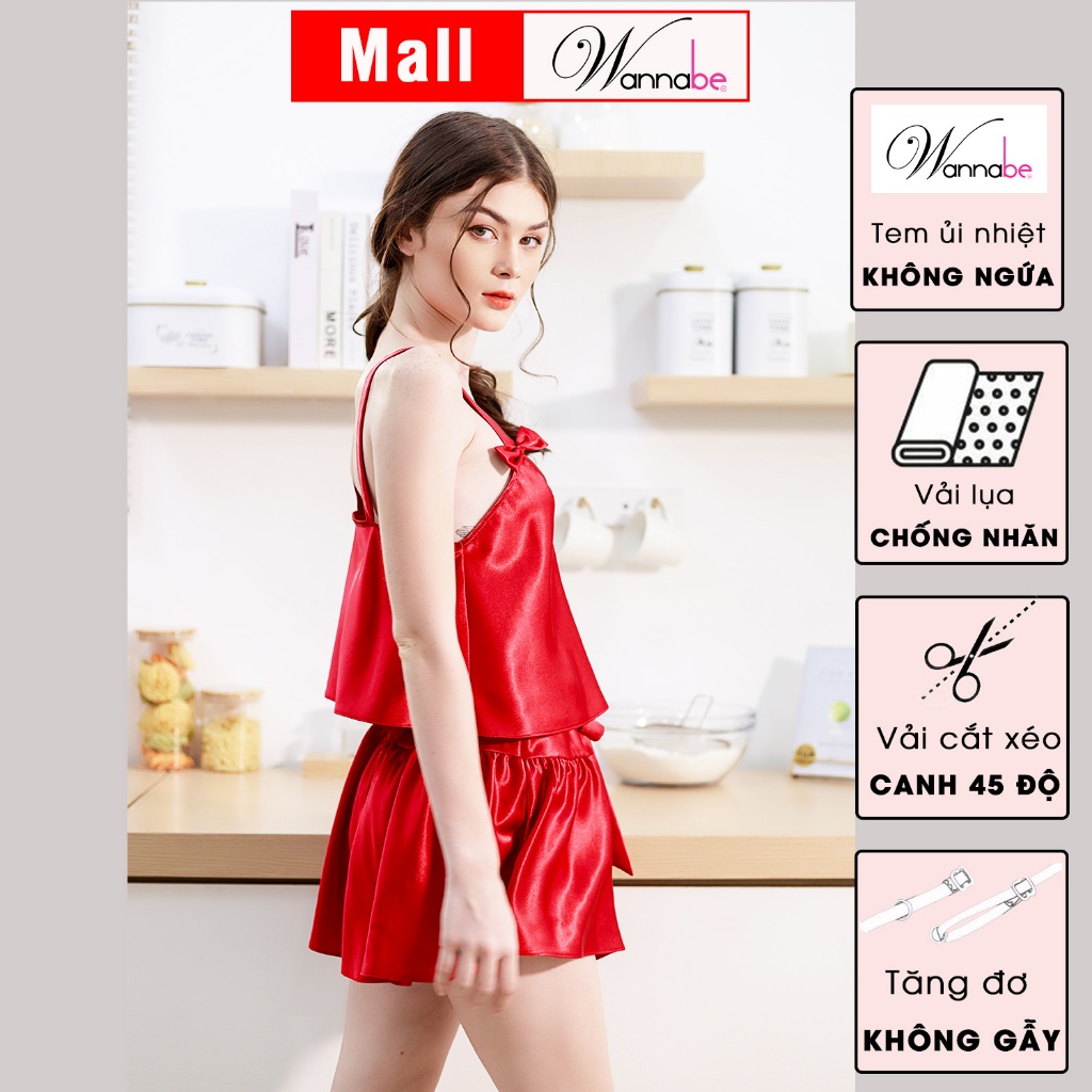 Đồ bộ mặc nhà WANNABE BSS37 đồ bộ quần sọt áo hai dây bản to trang trí nơ xinh xắn mang lại vẻ dễ thương cho bạn gái