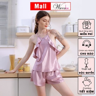 Đồ bộ mặc nhà WANNABE BSS22 đồ bộ quần sọt phối áo yếm phối bèo gợn sóng lưng cut-out trang trí dây