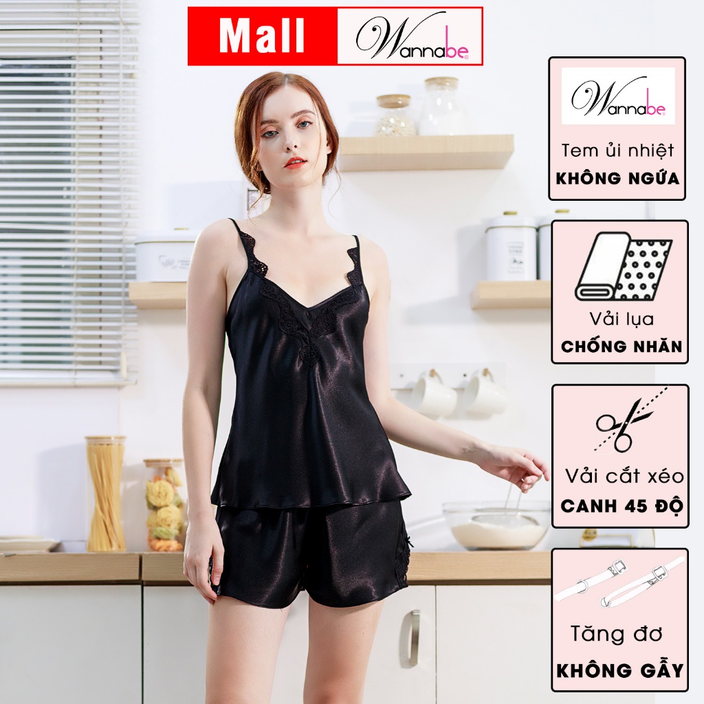 Đồ bộ mặc nhà lụa cao cấp WANNABE BSS39 đồ bộ quần sọt phối áo 2 dây lưng cut-out viền ren gợn sóng trẻ trung quyến rũ