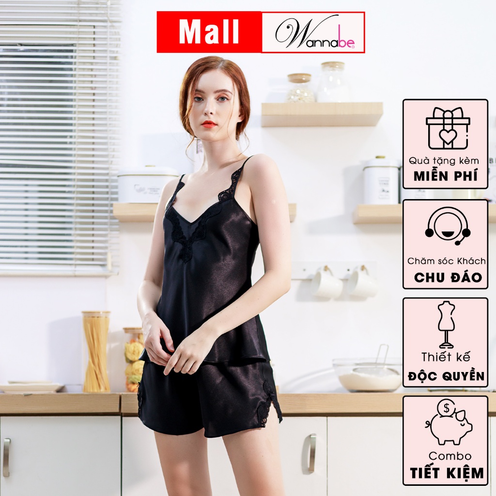 Đồ bộ mặc nhà lụa cao cấp WANNABE BSS39 đồ bộ quần sọt phối áo 2 dây lưng cut-out viền ren gợn sóng trẻ trung quyến rũ