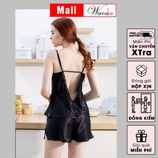 Đồ bộ mặc nhà WANNABE BSS39 đồ bộ quần sọt phối áo 2 dây lưng cut-out viền ren gợn sóng trẻ trung