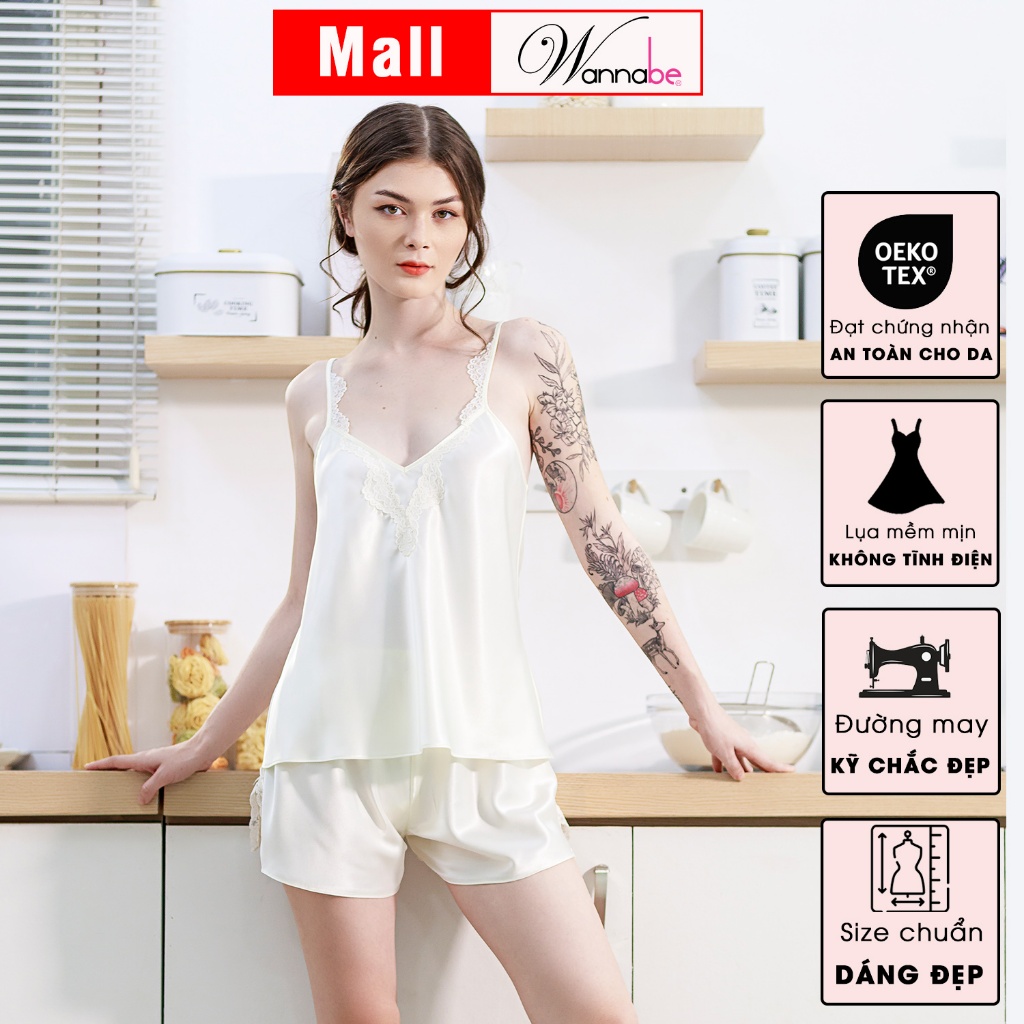 Đồ bộ mặc nhà lụa cao cấp WANNABE BSS39 đồ bộ quần sọt phối áo 2 dây lưng cut-out viền ren gợn sóng trẻ trung quyến rũ