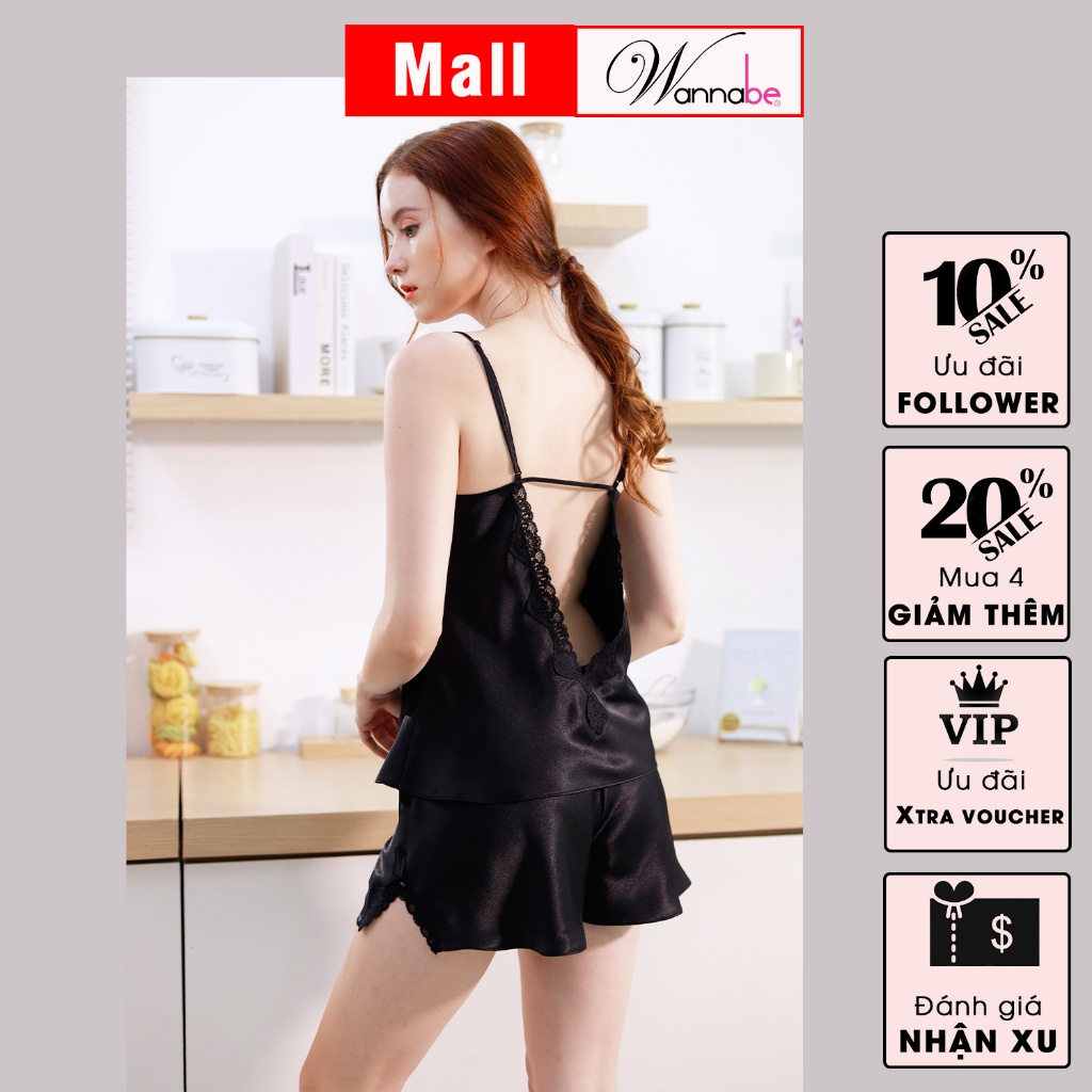 Đồ bộ mặc nhà lụa cao cấp WANNABE BSS39 đồ bộ quần sọt phối áo 2 dây lưng cut-out viền ren gợn sóng trẻ trung quyến rũ