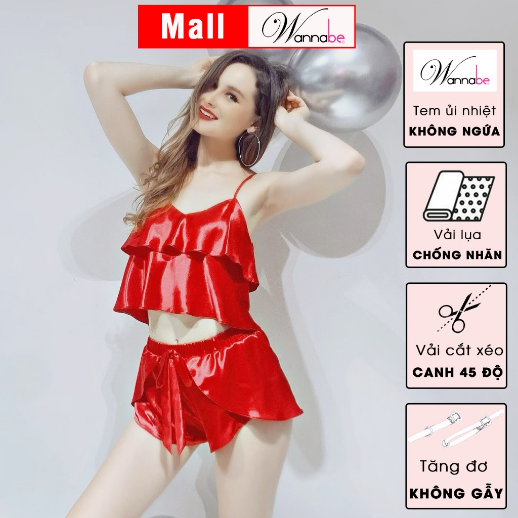 Đồ bộ mặc nhà WANNABE BSS05 đồ bộ quần sọt đắp bèo phối áo 2 dây crop top bèo tầng tạo độ phồng cho ngực