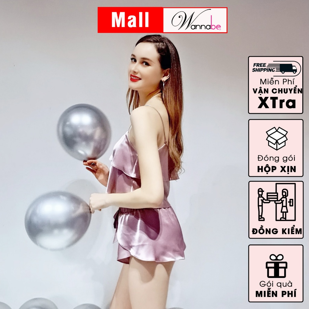 Đồ bộ mặc nhà WANNABE BSS05 đồ bộ quần sọt đắp bèo phối áo 2 dây crop top bèo tầng tạo độ phồng cho ngực