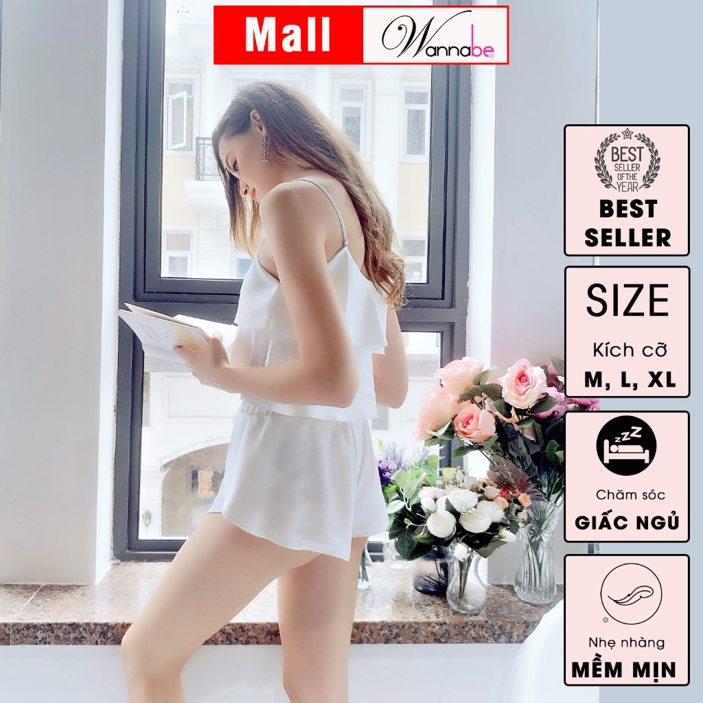 Đồ bộ mặc nhà WANNABE BSS05 đồ bộ quần sọt đắp bèo phối áo 2 dây crop top bèo tầng tạo độ phồng cho ngực