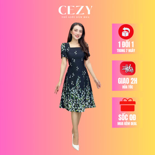 Đầm hoa bigsize 45kg-80kg CEZY cổ vuông phối dáng ngắn có lót chất Mango In 3D cao cấp D166